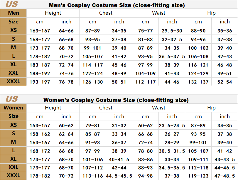 Procosplay Size Chart